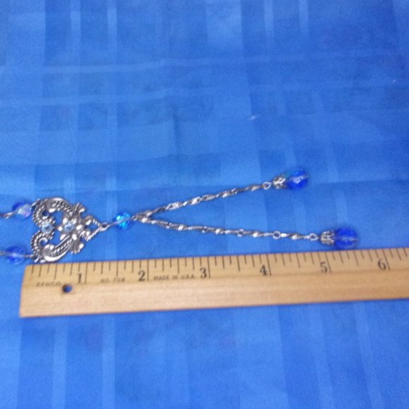 Blue Bead Silver Bar Link Lariat Style Necklace 26" Long - Picture 9 of 11